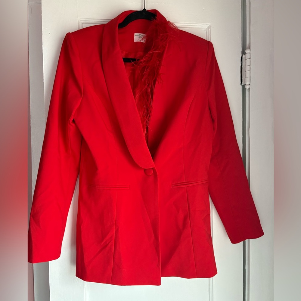 Miss Circle Red Feather Trim Blazer Medium Statement Party Event Jacket